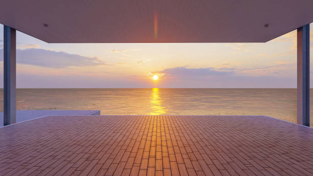 istock Seaside wooden balcony deck and beautiful sea view on sunset, 3d rendering 1473448614