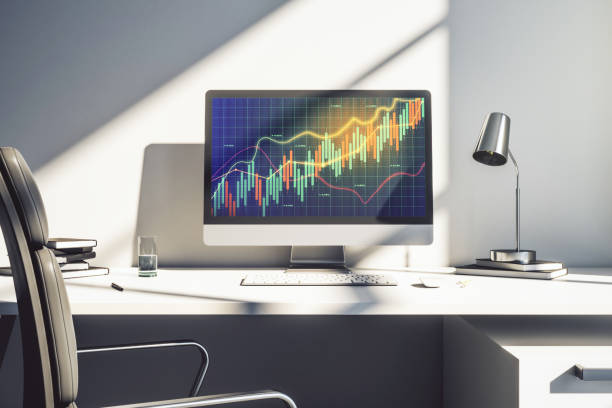 istock Modern computer monitor with abstract creative financial chart, research and strategy concept. 3D Rendering 1473449896