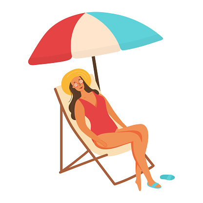 Woman in swimsuit sunbathing lying on lounger. Beautiful girl relaxing under striped umbrella. Summer holiday or luxury vacation. Flat vector illustration.