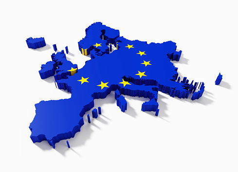 International border of European Union textured with European Union Flag on white background. Horizontal composition with clipping path and copy space.