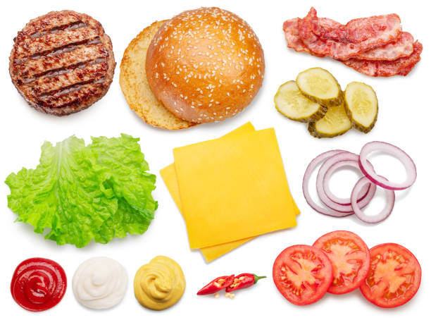 istock Set of popular cheeseburger ingredients isolated on white background. 1473451194