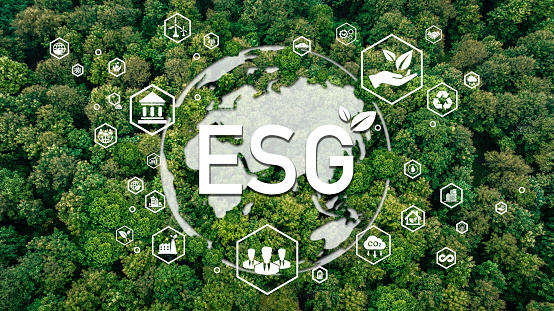 ESG icon on the top view of the forest for Environment Social and Governance, sustainable organizational development Sustainable corporation development.World sustainable environment concept.