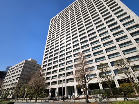 Ministry of Economy, Trade and Industry government building in Kasumigaseki. Taken in Chiyoda Ward, Tokyo in February 2023.