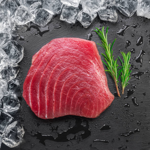 chilled tuna steak on stone black slate serving plate and ice cubes arranged as a frame. top view. - tuna tuna steak raw freshness imagens e fotografias de stock