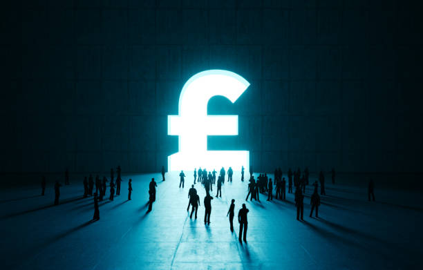 Human Crowd Waiting Before Glowing British Pound Symbol Human crowd waiting before glowing British Pound symbol on concrete wall. Horizontal composition with copy space. british currency stock pictures, royalty-free photos & images