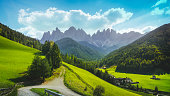 Val di Funes landscape. San Giovanni in Ranui chapel and Odle mountain, Dolomites Alps, Italy.