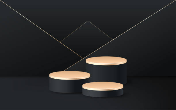 istock Black 3d background product display podium scene with golden geometric platform. Stand to show cosmetic product. Realistic stage showcase on pedestal display backdrop. Premium studio realistic paper 1473455035