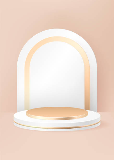 istock Gold, beige color round pedestal podium. Luxury geometric platform. Abstract cream minimal wall scene. Vector premium 3d shape for cosmetic product display presentation. Cylinder in the room interior 1473455159