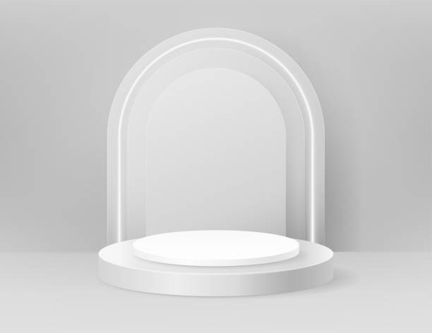 istock Grey, white color round pedestal podium. Luxury geometric platform, neon light. Abstract minimal wall scene. Vector 3d shape for cosmetic product display presentation. Cylinder in the room interior 1473455727