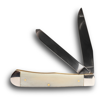 Thin pocketknife with dual blades and a bone handle