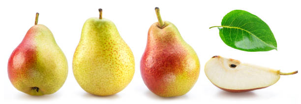istock Set of ripe pears and pear leaf isolated on white background. 1473456550