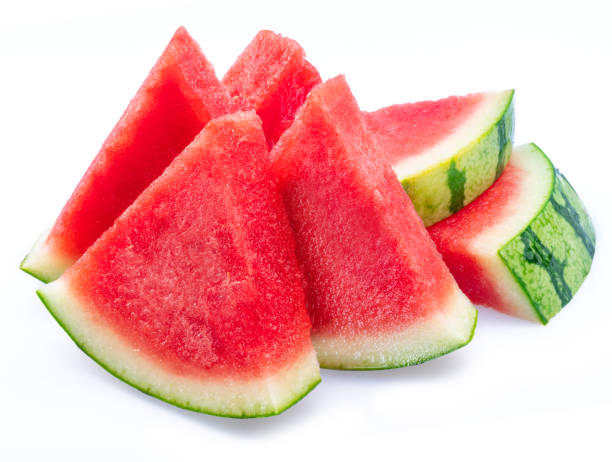 istock Watermelon slices without watermelon seeds isolated on white background. 1473456625