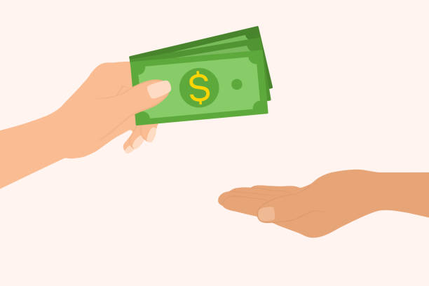 Hand Giving Money, Other Hand Takes The Money. Payment In Cash. Salary, Investment, Bribe And Donation Concepts Hand Giving Money, Other Hand Takes The Money. Payment In Cash. Salary, Investment, Bribe And Donation Concepts spending money stock illustrations