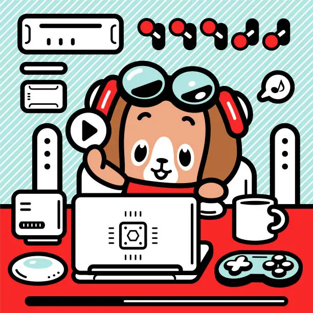 Vector illustration of A cute dog sitting at a desk and using a laptop and enjoying technology