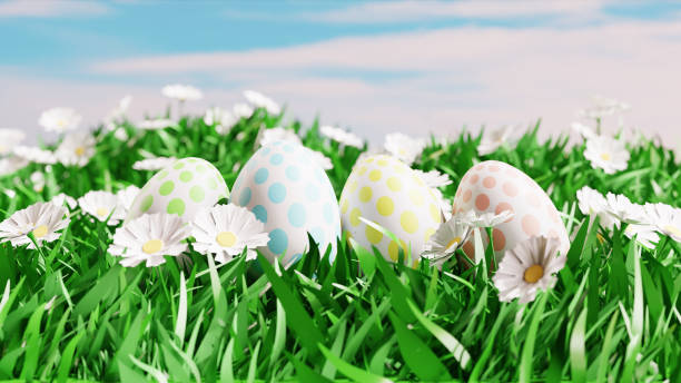 istock Easter landscape with colorful eggs and daisy flower on field. 3d render 1473458861