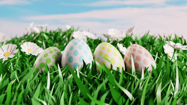 istock Easter landscape with colorful eggs and daisy flower on field. 3d render 1473458862