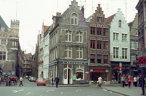 Antwerp, Flanders, Belgium, 1968. Street scene with locals, shops and buildings in the Belgian city of Antwerp.