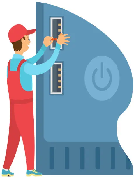 Vector illustration of Engineer working with powerbank. Portable charger device, data and information storage technology