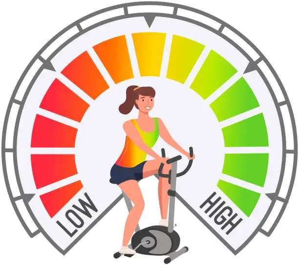 Vector illustration of Woman doing peloton workout. Active female character on stationary bike with speedometer scale