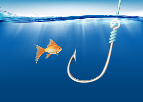 Fish looks at a fishing hook under water. Vector illustration