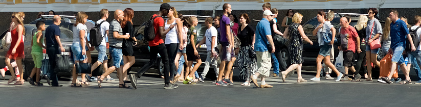 Ukraine, Kharkiv, 2018, September 1. People at the pedestrian crossing.