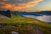 View from the Husfjellet Mountain on Senja Island in northern Norway at sunset