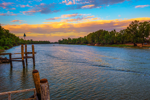 Colorful sunset over Murray river in Mildura, Australia. The Murray River is one of Australia's longest and most significant rivers, stretching from the Australian Alps to the Southern Ocean.