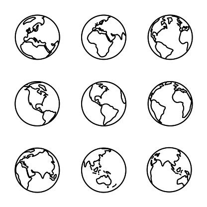 Single colored isolated outline icons of the earth from nine positions