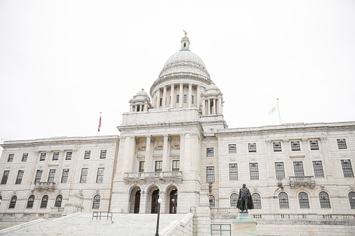 Providence, Rhode Island, USA, March 14th 2012: Capital of Rhode Island State house monument showing a historical american architectural design that represents politics and tradition