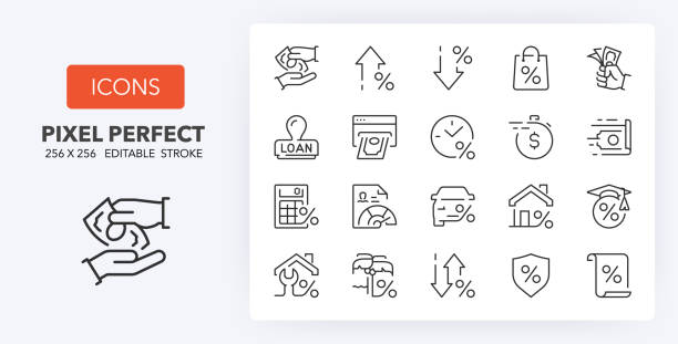 loan line icons 256 x 256 Set of thin line icons of loan and credit rating. Outline symbol collection. Editable vector stroke. 256x256 Pixel Perfect scalable to 128px, 64px... coin outline stock illustrations