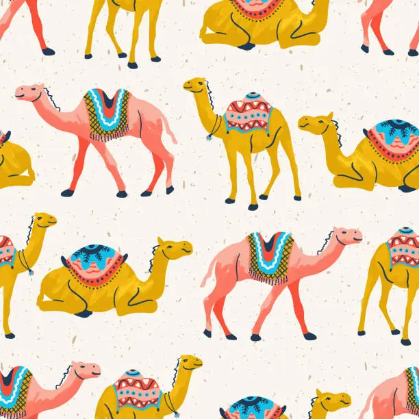 Vector illustration of Camel Caravan Desert Animals Vector Seamless Pattern