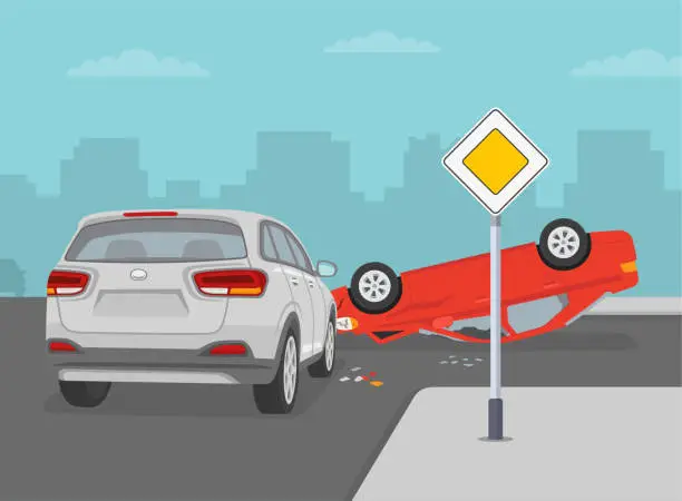 Vector illustration of Car flips onto roof after colliding with vehicle on intersection. Upside down car crash on road.