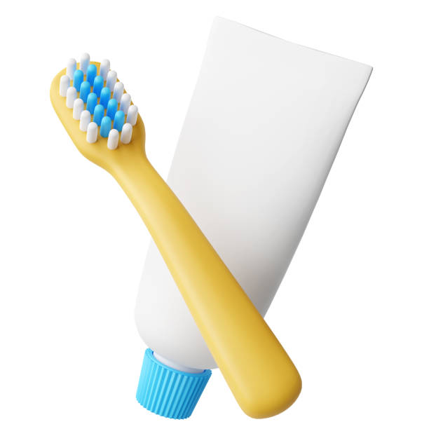 Cute cartoon style yellow toothbrush and toothpaste tube isolated on white background with clipping path 3d render stock photo