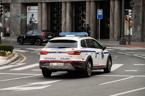Bilbao, Spain - 7 March 2023: A Seat Leon car of the Ertzaintza (Basque Autonomous Police) in Bilbao, Spain
