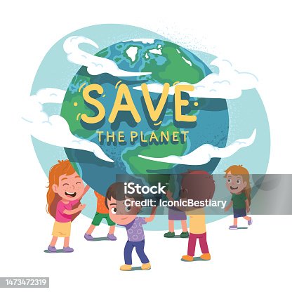 istock Volunteers children holding saving Earth planet. Boys, girls kids persons supporting taking care of world globe sphere. Environment protection, ecology conservation concept flat vector illustration 1473472319