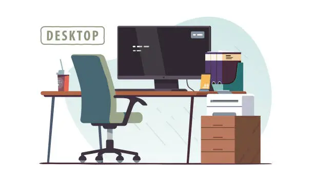 Vector illustration of Empty office workplace chair, desk with desktop computer, documents folders. Office work place with coffee cup, clock, printer equipment. Business workspace, job occupation flat vector illustration