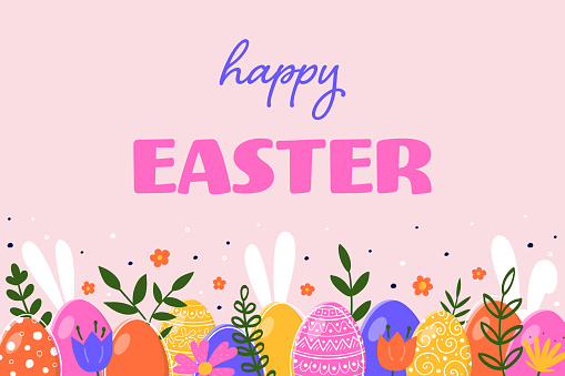 Easter greeting card with hand drawn eggs, bunnies and flowers. Concept of Easter decoration. Vector illustration