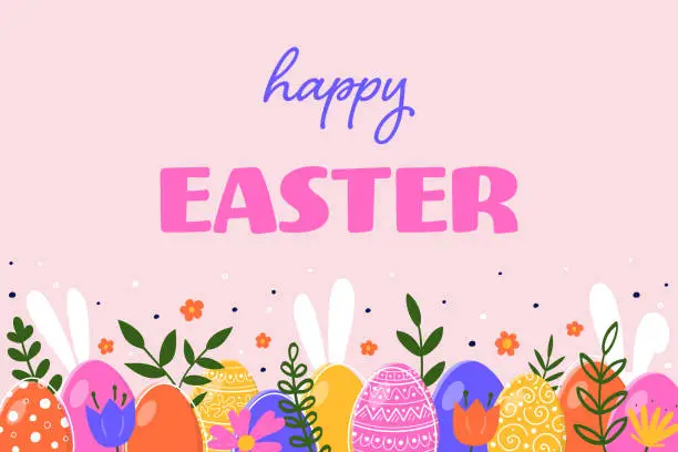 Vector illustration of Easter greeting card with hand drawn eggs, bunnies and flowers. Concept of Easter decoration. Vector illustration