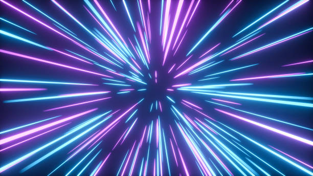niebieskie i różowe linie neonowe lecące z dużą prędkością, rozmycie ruchu neonowych linii, poruszanie się w przestrzeni wirtualnej rzeczywistości - ilustracja 3d - party time flash zdjęcia i obrazy z banku zdjęć