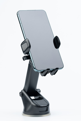 Black handsfree car mount with smartphone installed perspective view isolated