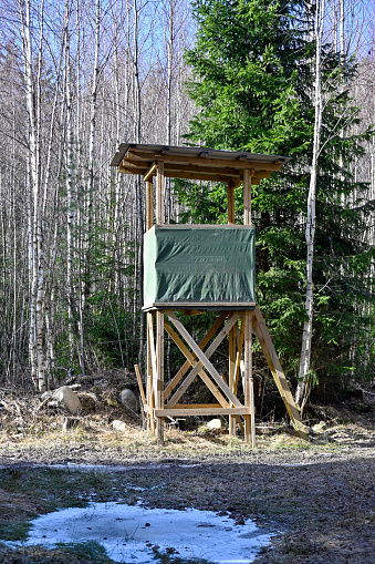 hunting tower new built standing in forest Kumla Sweden march 6 2023
