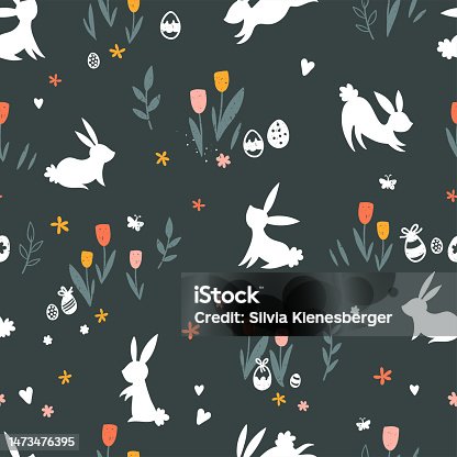 istock Cute hand drawn easter bunnies seamless pattern, easter doodle background, great for textiles, banners, wallpapers, wrapping - vector design 1473476395