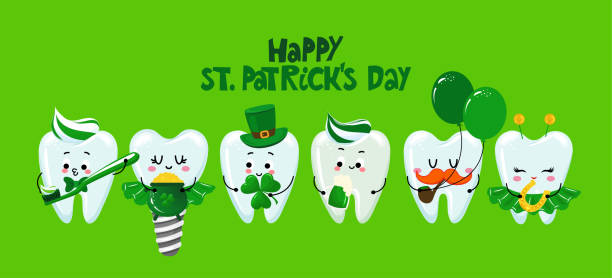 Art & Illustration Happy saint Patrick’s Day - Tooth couple character design in kawaii style. Hand drawn Tooth fairy with funny quote. Good for school prevention posters, greeting cards, banners, textiles. cute cartoon dental implants stock illustrations