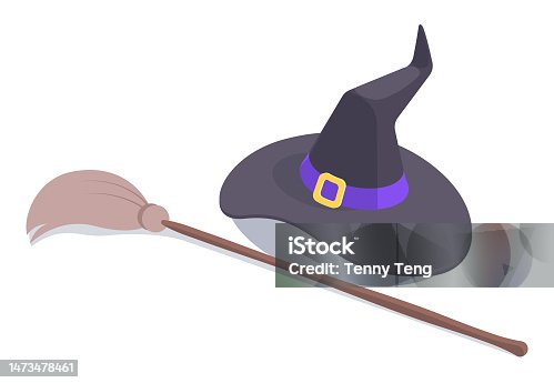 istock Isometric witch hat and broom. Halloween party costume elements, spooky carnival costume. Witchcraft party 3d vector symbol illustration 1473478461