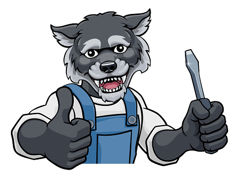 A wolf electrician, handyman or mechanic holding a screwdriver and giving a thumbs up