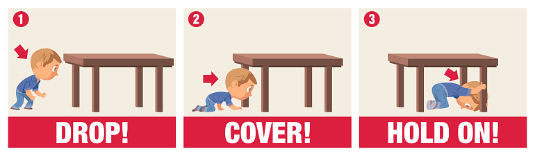 Vector Child is afraid of earthquake. Drop, cover, hold sign