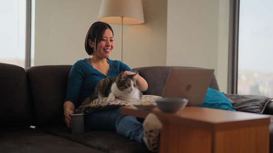 A woman is sitting on a sofa and enjoying video call on a laptop and her cat is sitting on her lap in the living room at home.