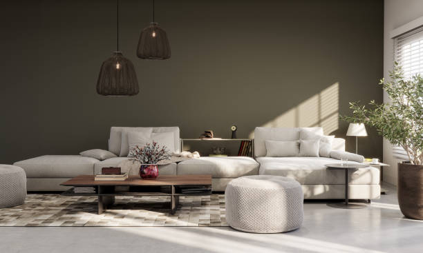 istock Modern interior with white sofa and empty mockup green wall. Home living room design. 1473481275
