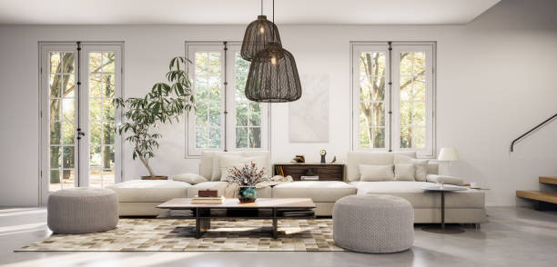 istock Modern white interior with beautiful backyard view. Home living room design. 1473481285