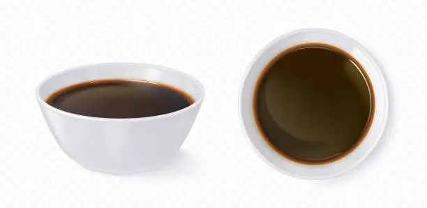 Vector illustration of Realistic white bowl with soy sauce